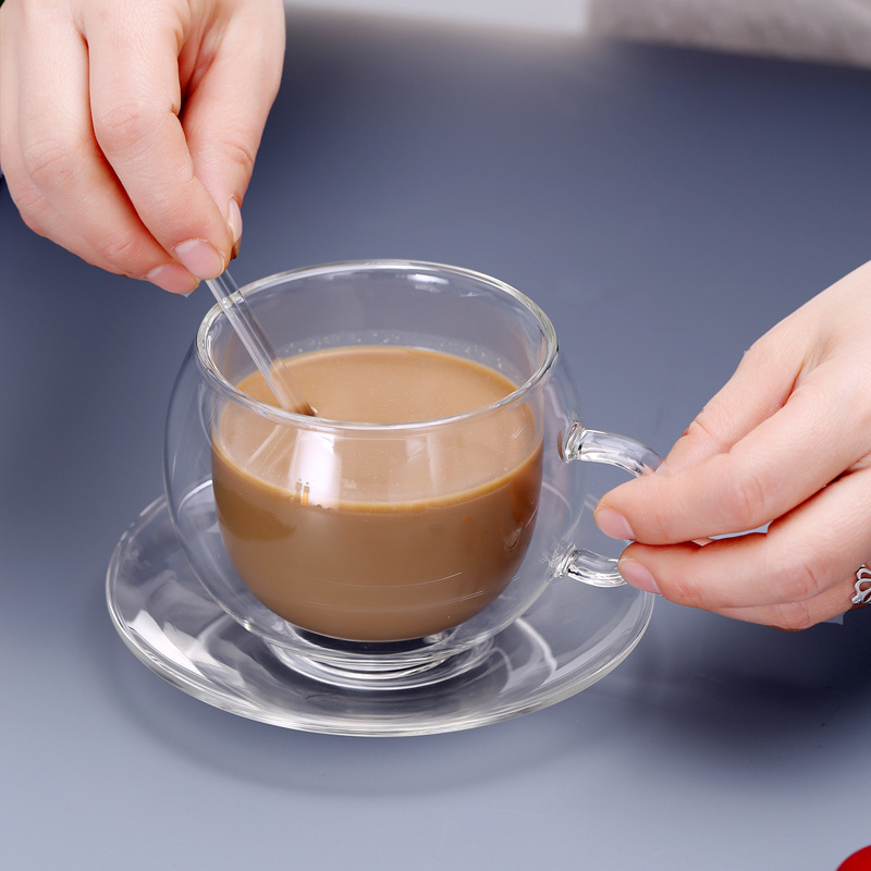 双层咖啡杯带把手杯子透明高硼硅玻璃奶茶杯咖啡杯时尚情侣杯子