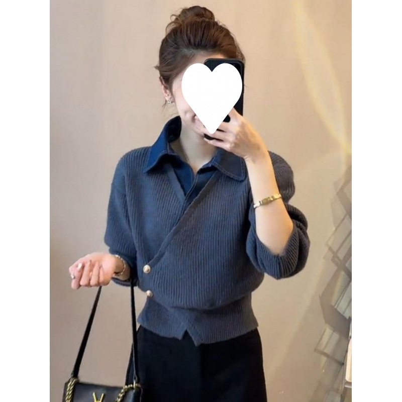 가을 작은 착용 슬리밍 패션 새로운 가을과 겨울 짧은 니트 카디건 스웨터 올 매치 데님 스티칭 탑