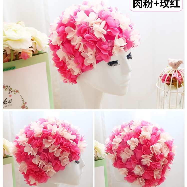 Flor gorro de natación gorro tridimensional pétalo elástico forrado cómodo transpirable de las mujeres de pelo largo gorro de natación