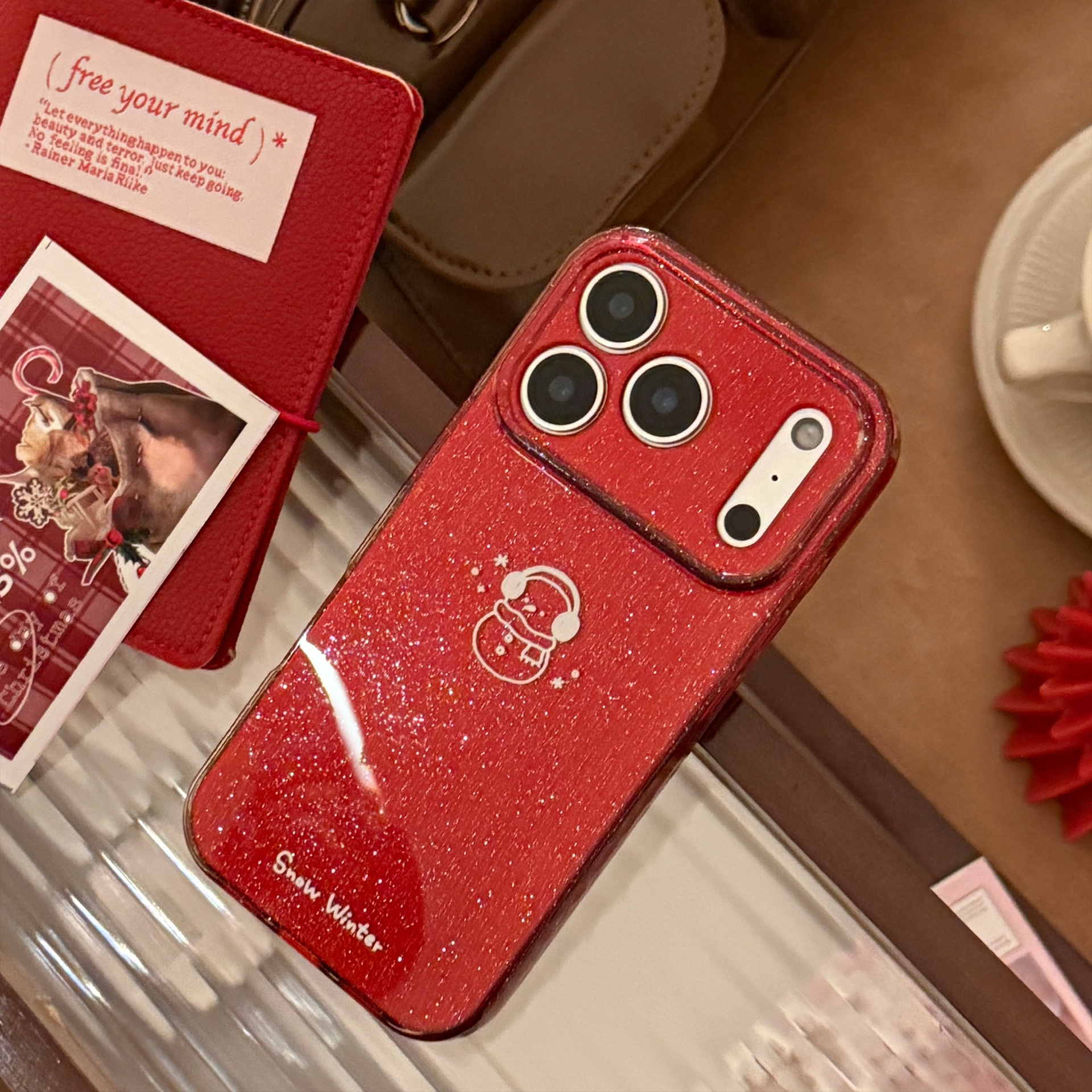Protective Phone Case For Iphone With Glitter Winter Snowman Design_voghion.com