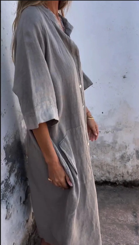 2024 New Spring Summer Style Loose Casual Mid-Sleeve Cotton Linen Shirt Dress For Women_voghion.com