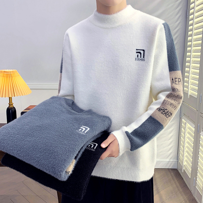 Nytt mode minkpälsrock män förtjockad termisk jumper trend student lös bas tröja män_voghion.com