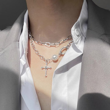 小众设计十字架镶钻珍珠拼接双层锁骨链男高级感项链潮嘻哈风欧美