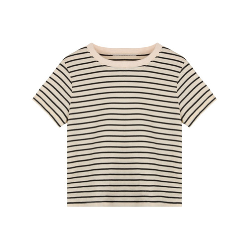 Retro striped short-sleeved T-shirt women's design round neck bottoming shirt  summer loose casual student top trend