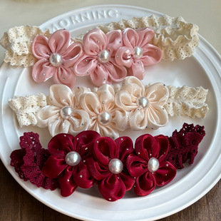 Baby Hair Band Red Headwear Newborn 0-3 Girl Baby One Year Old Hair Accessories Children's Flowers Rhinestone Satin Hair Accessories