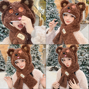 Winter Cute Bear Ear Hat Warm Hat Scarf Integrated Cartoon Stuffed Ear Protection Neck Protection Thickened Two-Piece Set