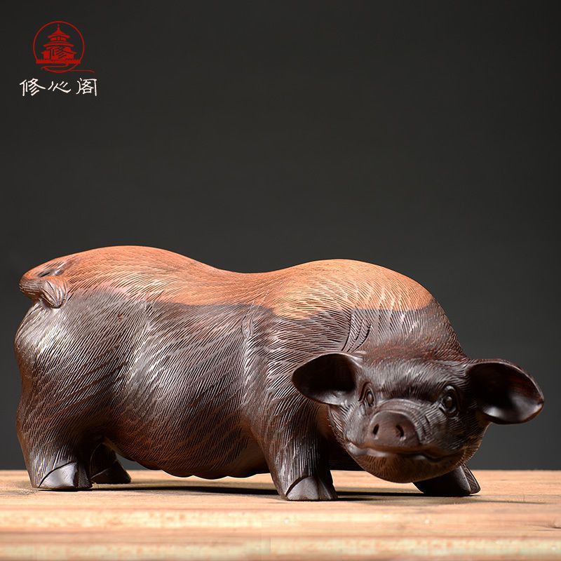 Ebony Wood Carved Pig Ornaments, Ancient Twelve Zodiac Pigs, Solid Wood Carvings, Home Decorations, Redwood Crafts