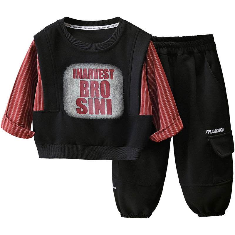 7671 traje de suéter para niño 2025 nuevo estilo primavera y otoño falso dos piezas de ropa a rayas primavera para niños de moda de dos piezas