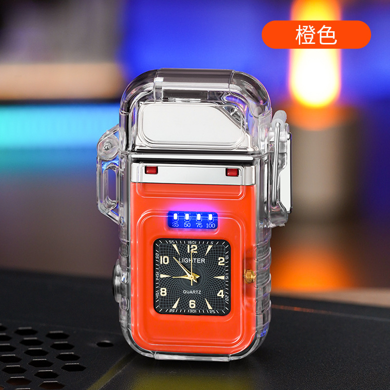 新型腕時計付き防水ライター透明シェルダブルアーク充電シガレット付きCOB強光照明卸売り|undefined