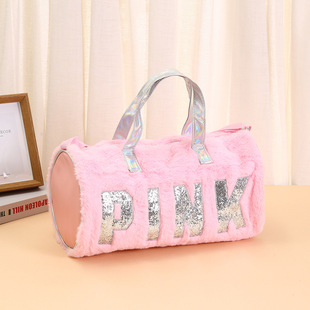 Pink Fitness Handbag New European and American Long and Short Distance Outdoor Travel Bag Satchel Large Capacity Plush Cylindrical Bag