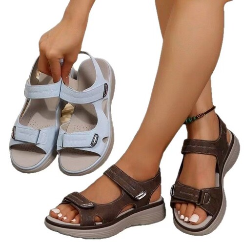 New large size casual sandals, women's sports style velcro, in-line fish mouth, 43 size flat bottom