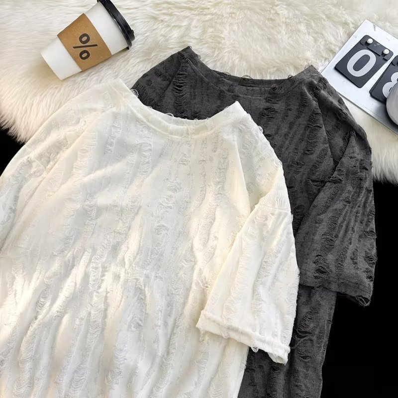 Herr t-shirt med revor och sliten look trendig lös passform_voghion.com