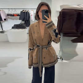 2025年秋冬季跨境民族原宿风短款系带针织印花外套上衣女欧美女装