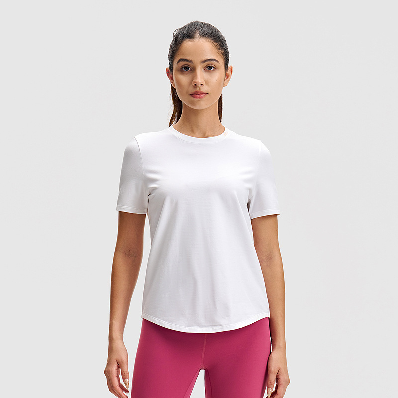 Camiseta de yoga casual lulu para mujer de manga corta deportiva clásica simple Lycra camiseta de cuello redondo de secado rápido transpirable de alta elasticidad