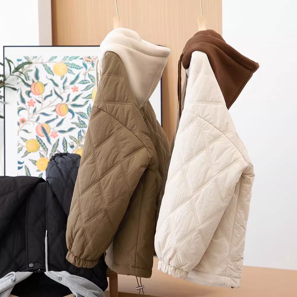 2025冬季新款设计感撞色拼接连帽假两件加厚夹棉保暖棉服外套女潮