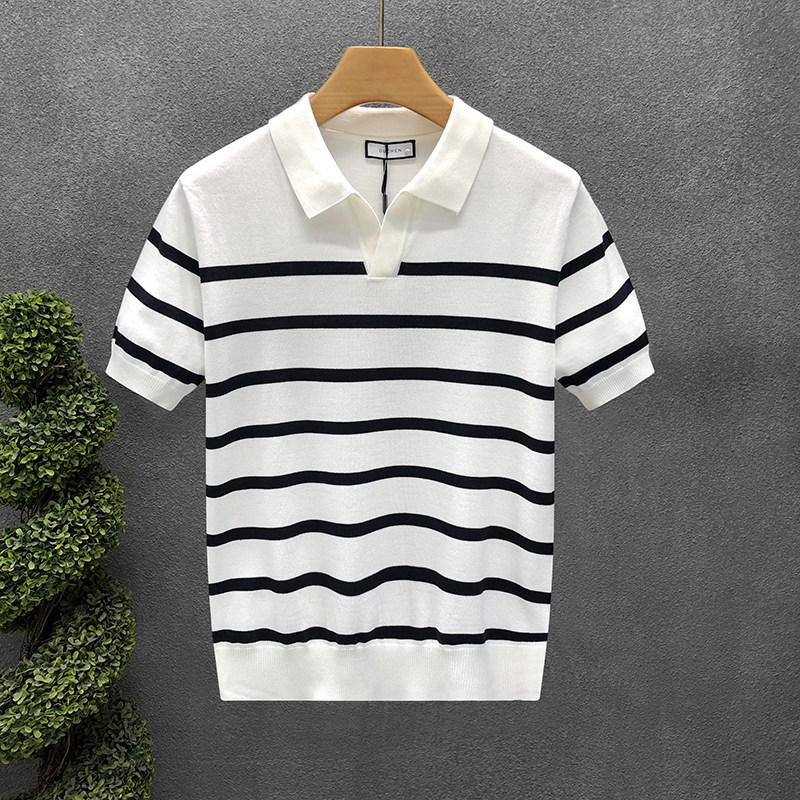 Polo camiseta de punto camiseta de manga corta camiseta de hombre cuello en V gaviota cuello rayas viejas líneas de viento de verano fábrica transfronteriza mayorista