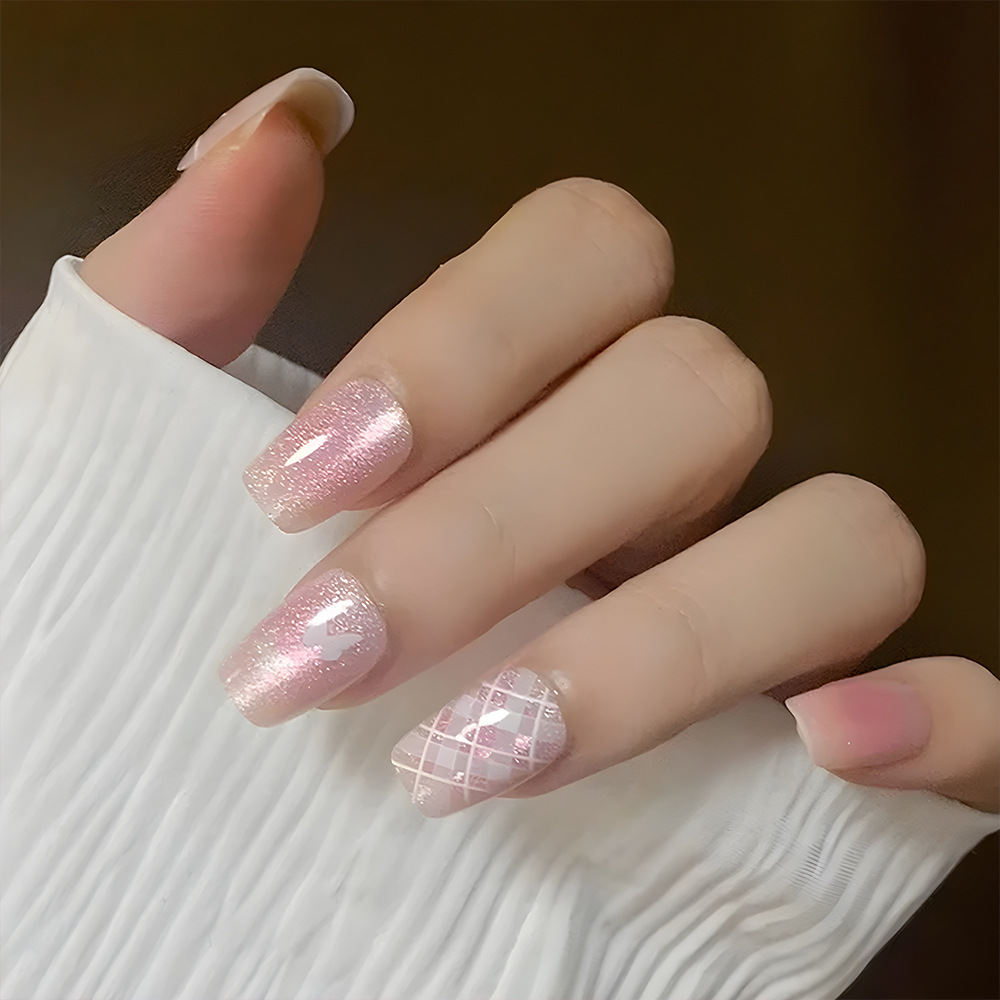 Ojos de gato en relieve, corazón de niña, uñas rosa, arco dulce y delicado, 24 piezas de parches de uñas terminados.