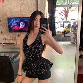 黑色波点露背V领挂脖背心女INS夏季修身外穿辣妹短款花苞蓬蓬上衣