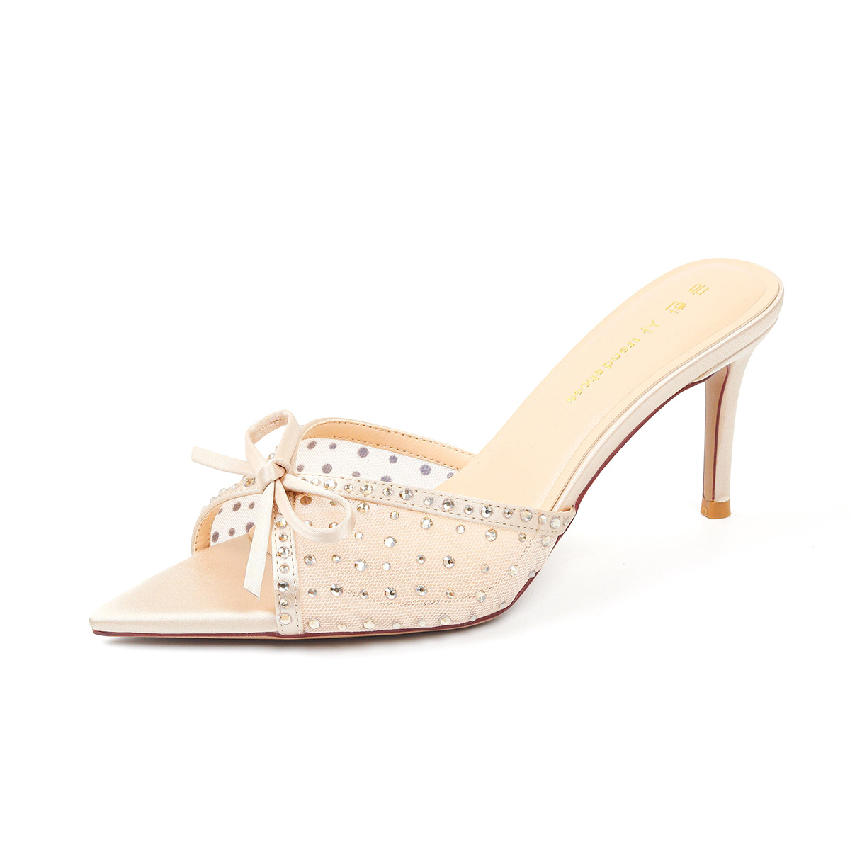 Silver French-style High-heeled Mules With Pointed Toe, Bowknot, Mesh, And Rhinestones, Elegant Women's Summer Sandals,_vogvips.com