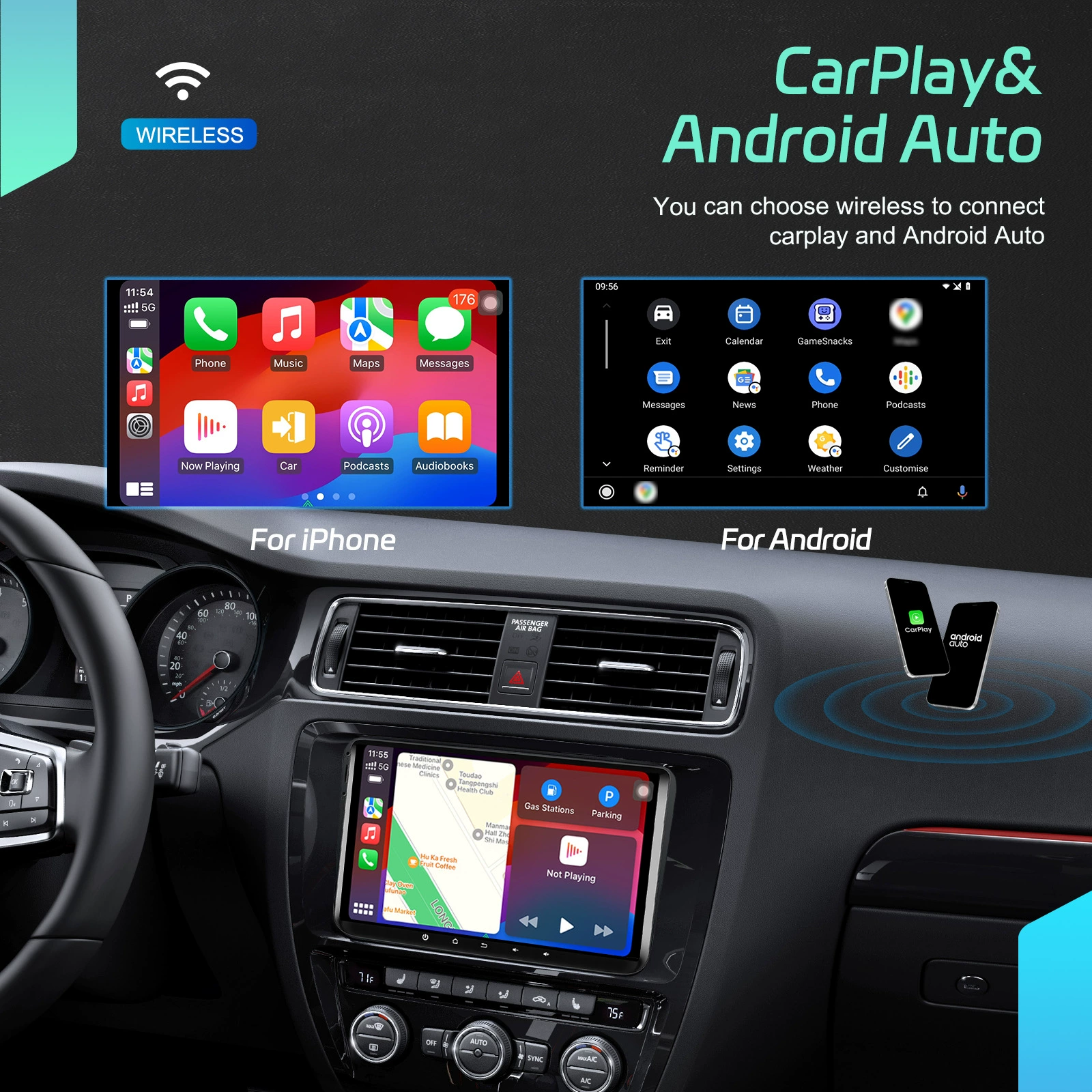 Подходящее для 9-дюймового горизонтального экрана Android 13.0 Volkswagen Thin (4+64G) разворот CarPlay автомобильный центральный блок все-в-одном