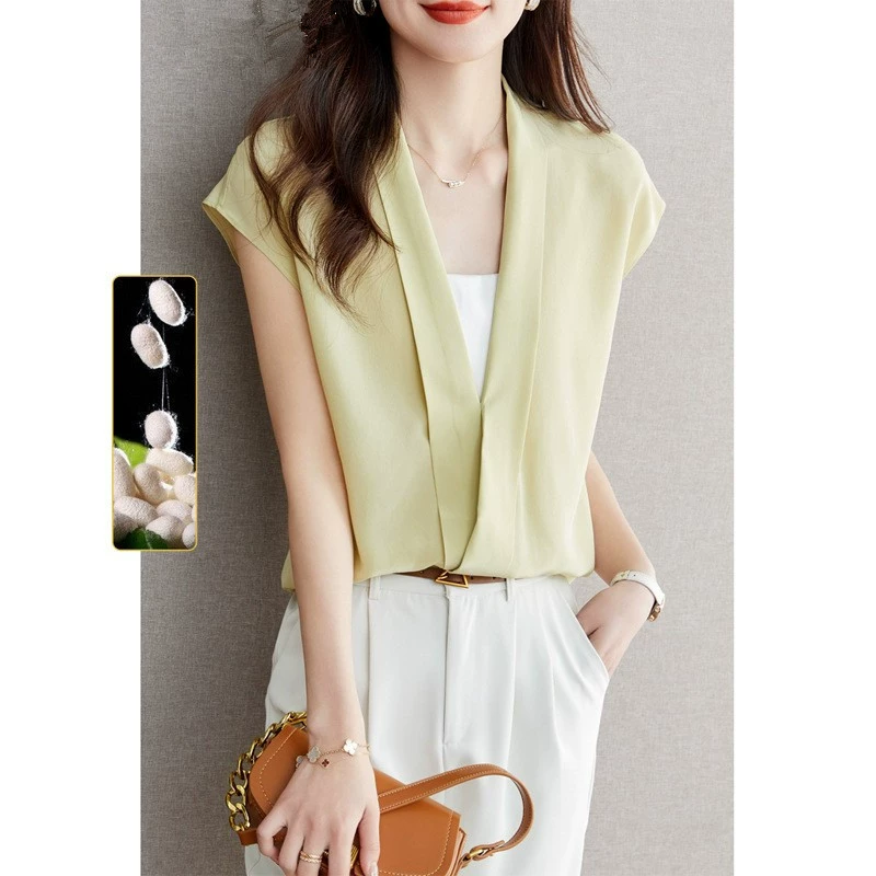 2024 лето новый темперамент крест V-образный вырез расслабляющий рабочее место шелковая рубашка поддельные две части OL шелковица шелковица топ женский