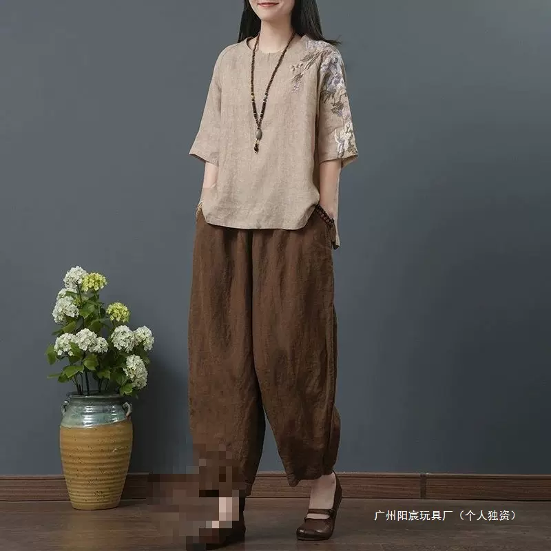宽松大码女装中年妈妈夏季亚麻刺绣棉麻上衣女短袖T恤九分裤套装