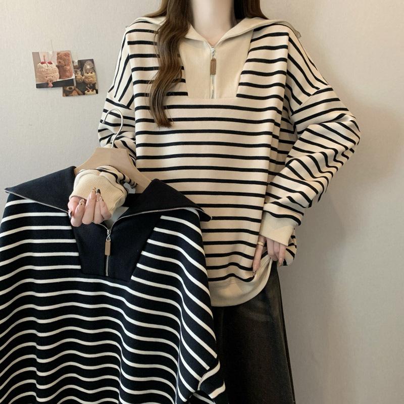 bf lazy style striped polo collar long-sleeve sweatshirt for women, spring and autumn thin Korean style loose casual half-zip top bf lazy style striped polo collar long-sleeve sweatshirt for women, spring and autumn thin Korean style loose casual half-zip top