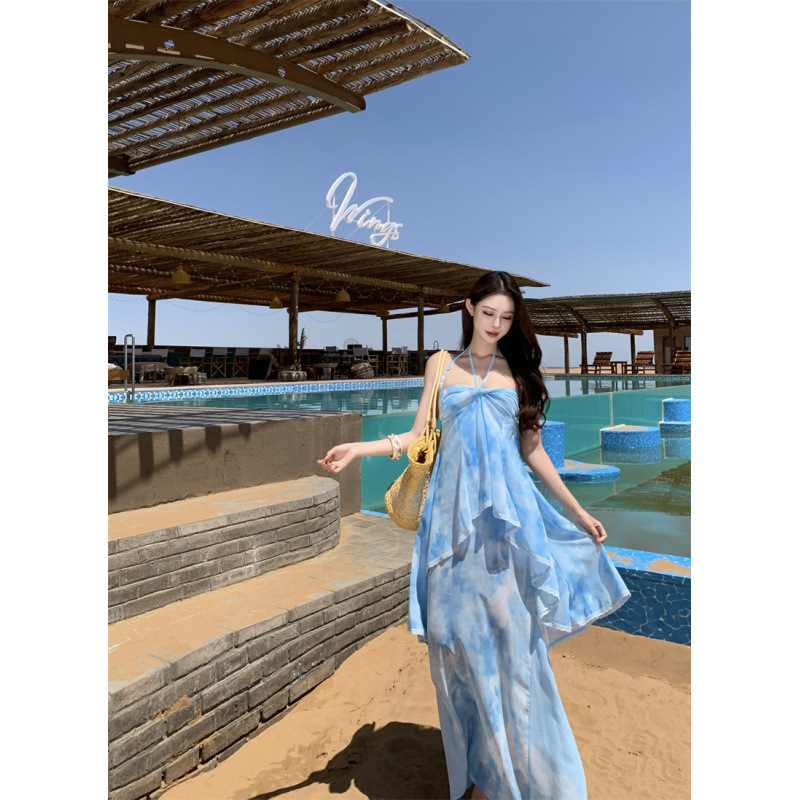 Beautiful Waist-Cinching Dress for Women, Chiffon Printed Waist-Cinching Long Blue Halterneck Backless Dress