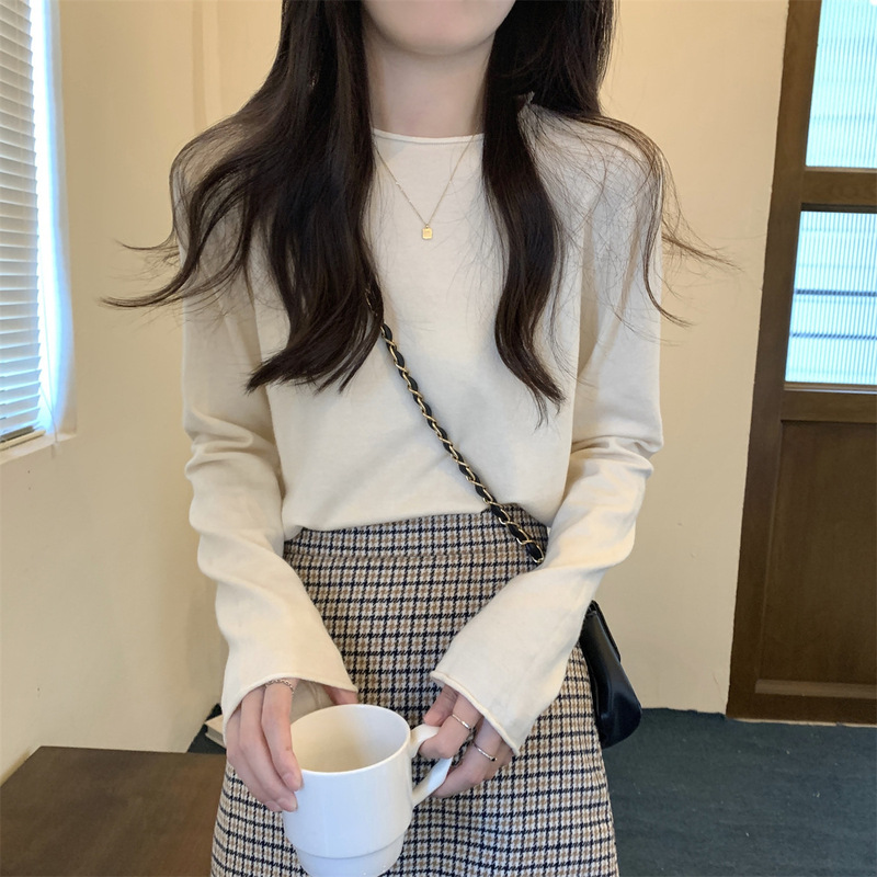 韩版基础款圆领卷边针织衫打底女早秋慵懒风毛衣长袖软糯内搭上衣|undefined