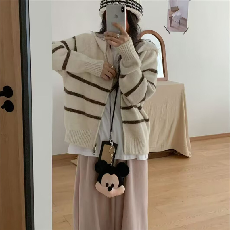 复古慵懒宽松条纹毛衣外套女韩版秋冬新款连帽拉链针织开衫女潮|undefined