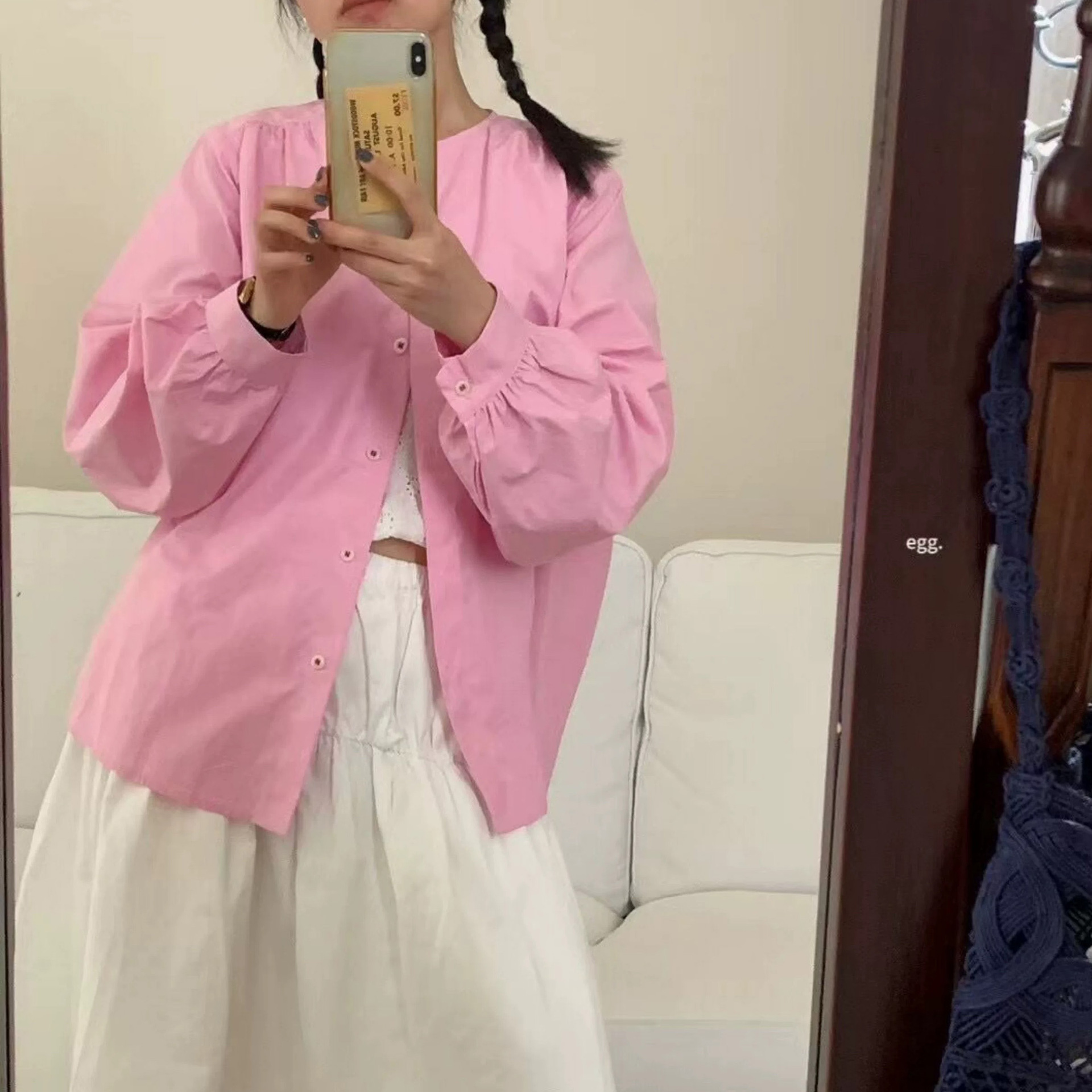 계란 계란 가족 긴 소매 셔츠 여성의 24 가을 랜턴 소매 둥근 목 우아한 셔츠 가리 부드러운 탑