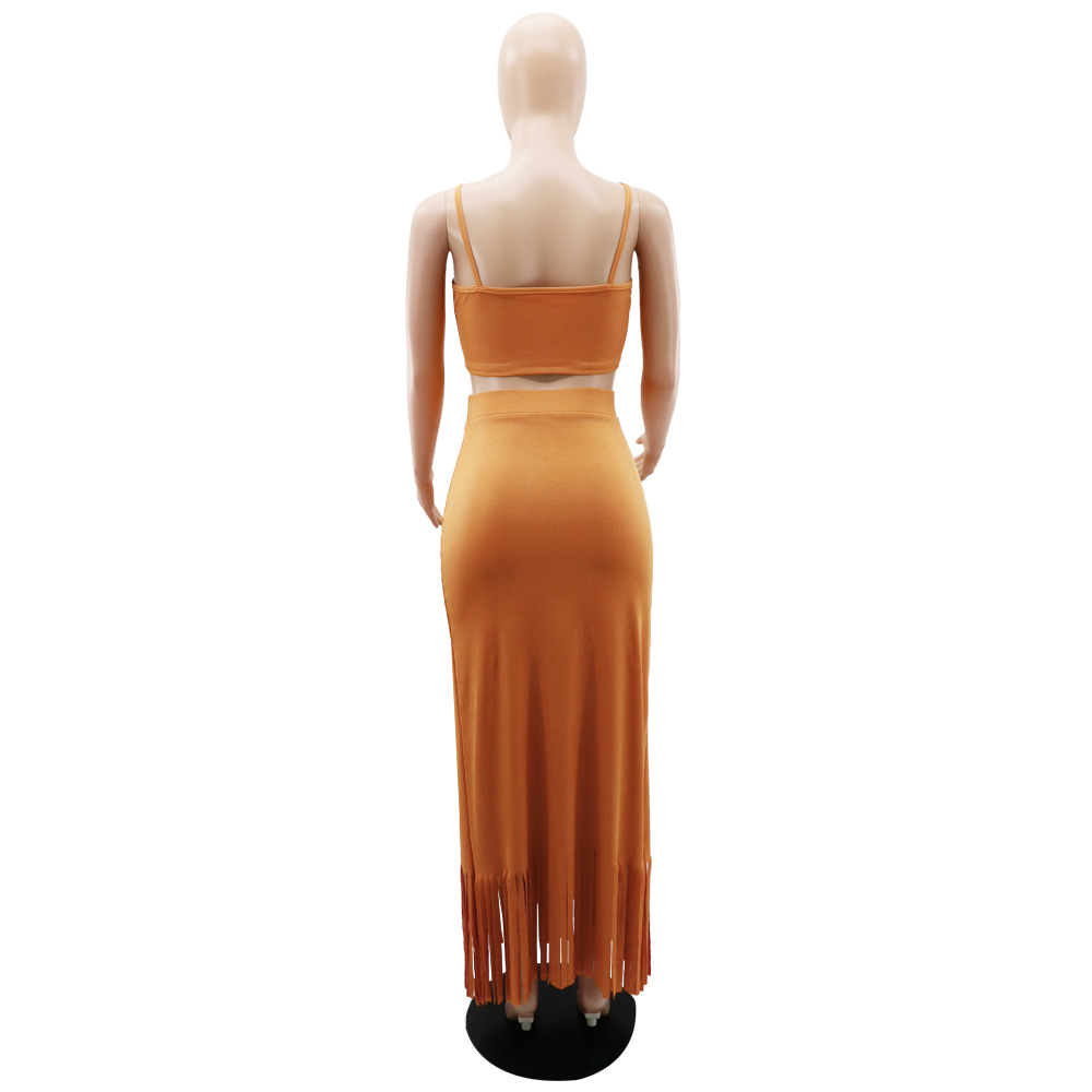 Sleeveless Cropped Short Vest Small Pit High Waist Tassel Dress Two Piece Set 15 Sleeveless Cropped Short Vest Small Pit High Waist Tassel Dress Two Piece Set