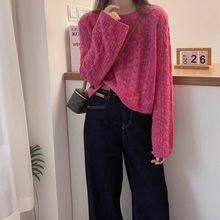 玫红色长袖针织衫薄款女2025早秋新款慵懒风宽松短款软糯圆领毛衣