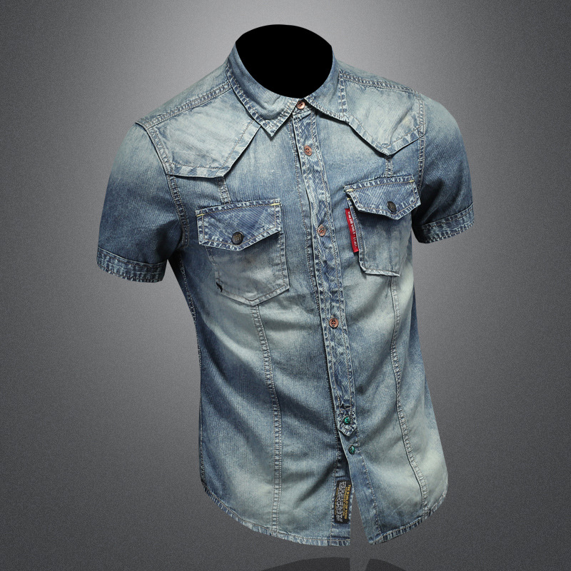 Camicia da uomo a maniche corte con colletto risvoltato, stile europeo e americano, per il commercio estero, camicia slim fit in denim lavato vintage per_voghion.com