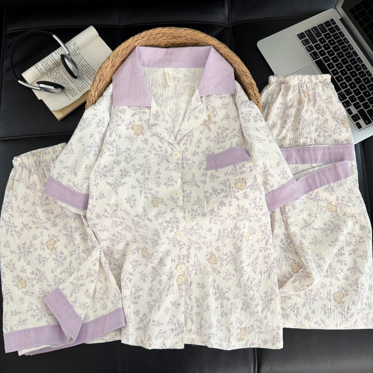 Nube transfronteriza algodón de tres piezas amarillo magui pijamas de mujer adorable con solapa pantalones de mangas cortas set de ropa para el hogar