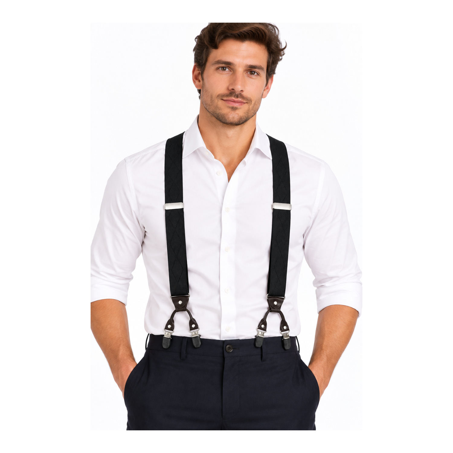 Suministro exclusivo transfronterizo: Tirantes para hombre de 3.5 cm con 6 clips, empaque en caja de regalo, tirantes elásticos.