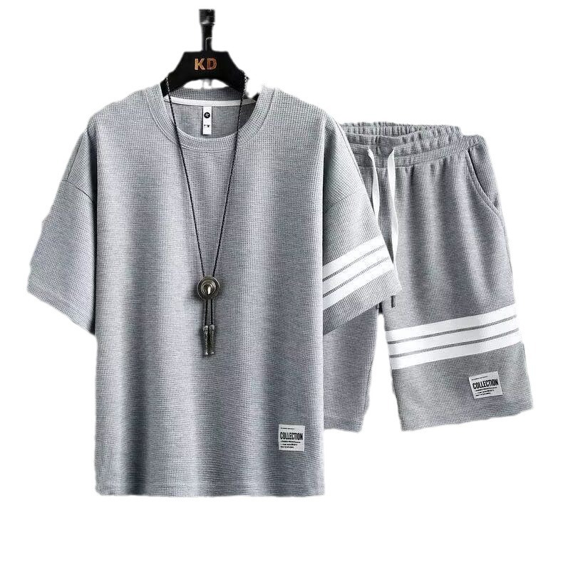 Leichtes, locker sitzendes Herren-Sommer-Trainingsanzug-Set aus Waffelstrick, bestehend aus T-Shirt und Shorts mit kurzen Ärmeln_voghion.com