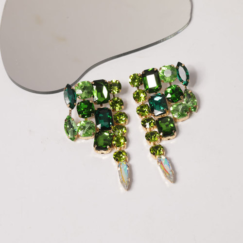 Euro-american exaggerated runway-style 925 silver stud earrings with artificial rhinestones, featuring teardrop-shaped tassels—elegant party-ready ear accessories for women