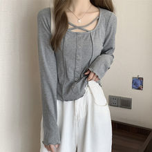 大码女装胖mm辣妹心机锁骨显瘦短上衣女秋季新款修身长袖针织T恤