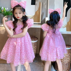 Girls' Summer Dress 2024 New Sweet and Trendy Net Princess Dress for Little Girls with Bubble Sleeves and Floral Print
