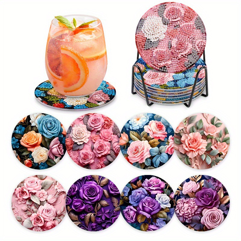 Ventas transfronterizas calientes de 8 piezas de conjunto de cojín de taza de arte de diamante, con soporte, pequeño conjunto de pintura de diamante, adecuado para adultos