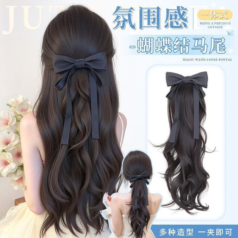 Wig Ponytail for Women with Duckbill Clip and Bow, Half-Tied Ponytail, Natural Seamless Realistic Hair Extension, Fluffy Ponytail Wig