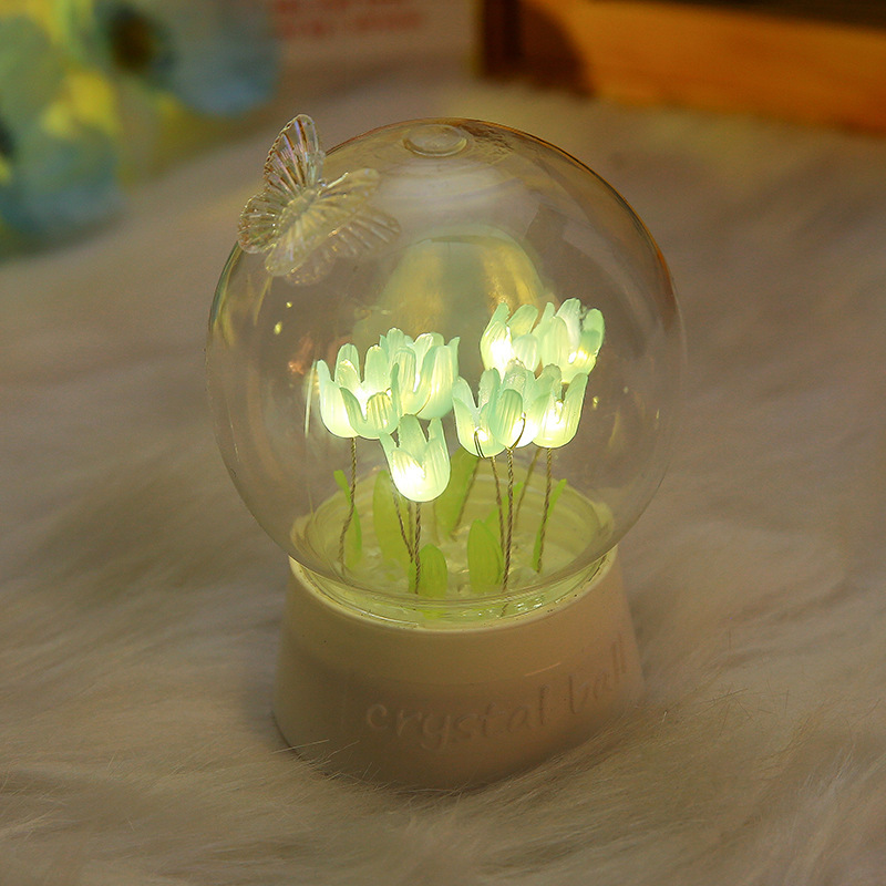 Bola de cristal, flor de rosa, tulipán, luz nocturna, red roja, luz de ambiente de bricolaje, regalo de cumpleaños para novios, día de San Valentín