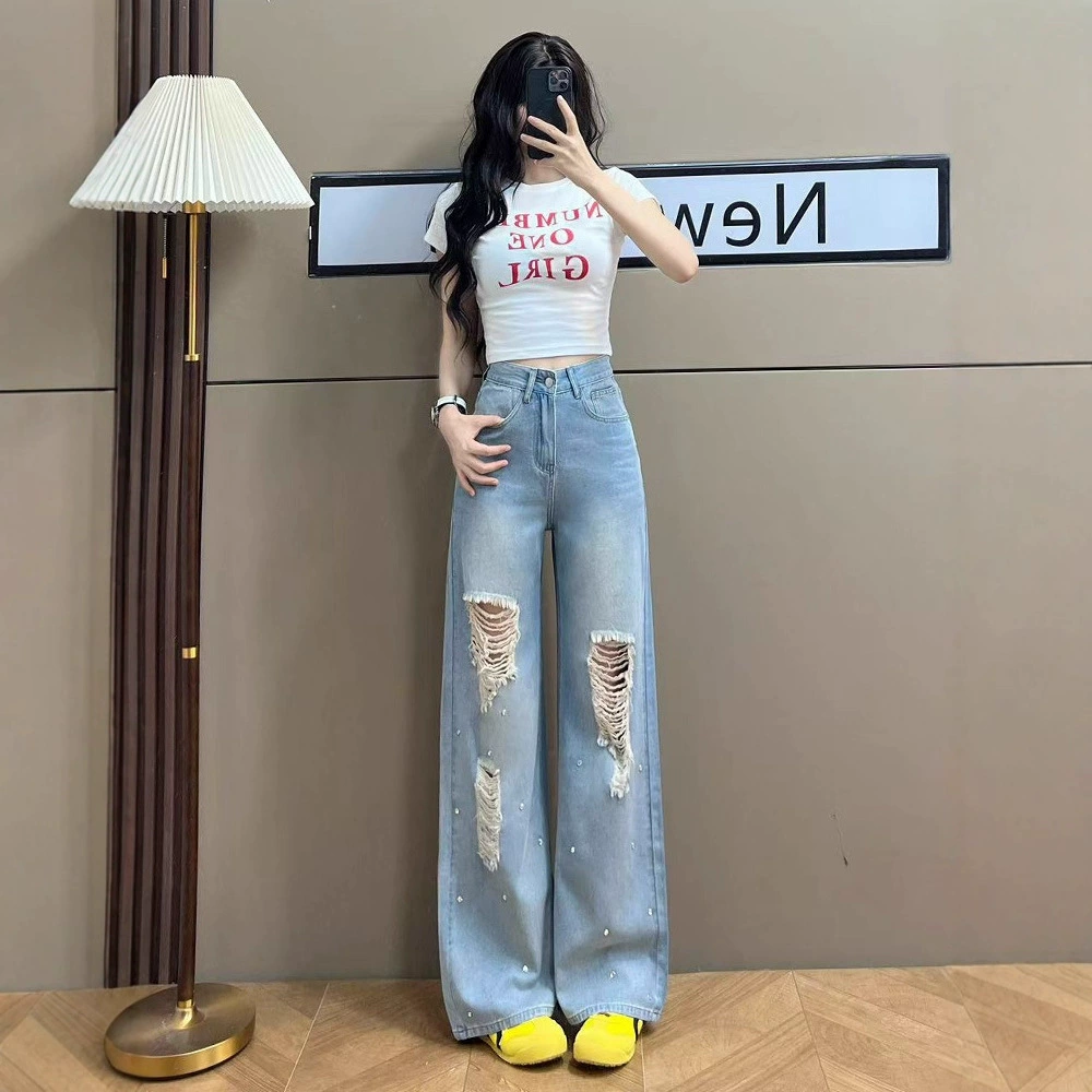 Рваные широкие джинсы для женщин 2025, новые летние тонкие супер модные свободные трендовые прямые брюки с камнями