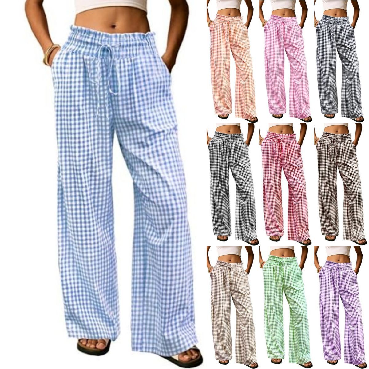 Cross-Border European and American Amazon Women's Plaid Trousers Wide-Leg Elastic High-Waist Pajamas Loose Casual Pants with Drawstring Mouth