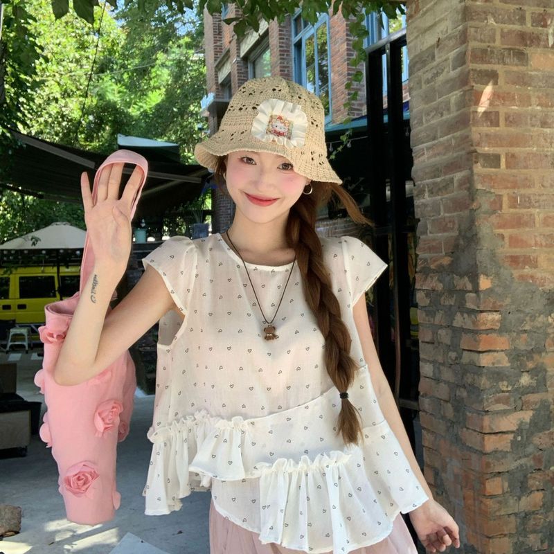 2025爱心印花压皱花边短袖衬衣女夏季气质休闲小衫不规则拼接上衣|undefined