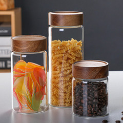 Transparent glass sealed jar coffee bean storage jar kitchen grain tea storage jar rosewood sealed storage jar