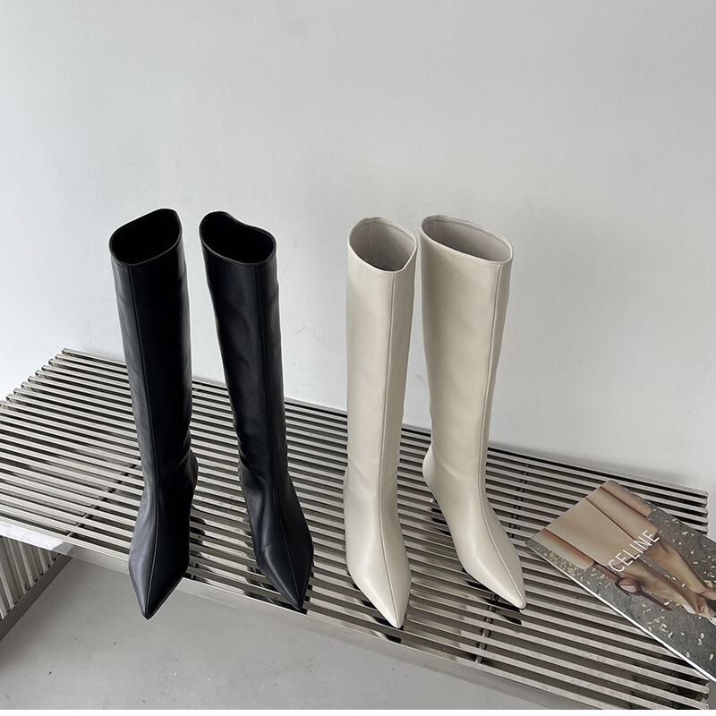 【Tax Not Included】2024 Autumn New Simple and Stylish Wide-Calf Boots Korean Style Pointed Toe Over-The-Knee Boots Soft Leather Surface Cat