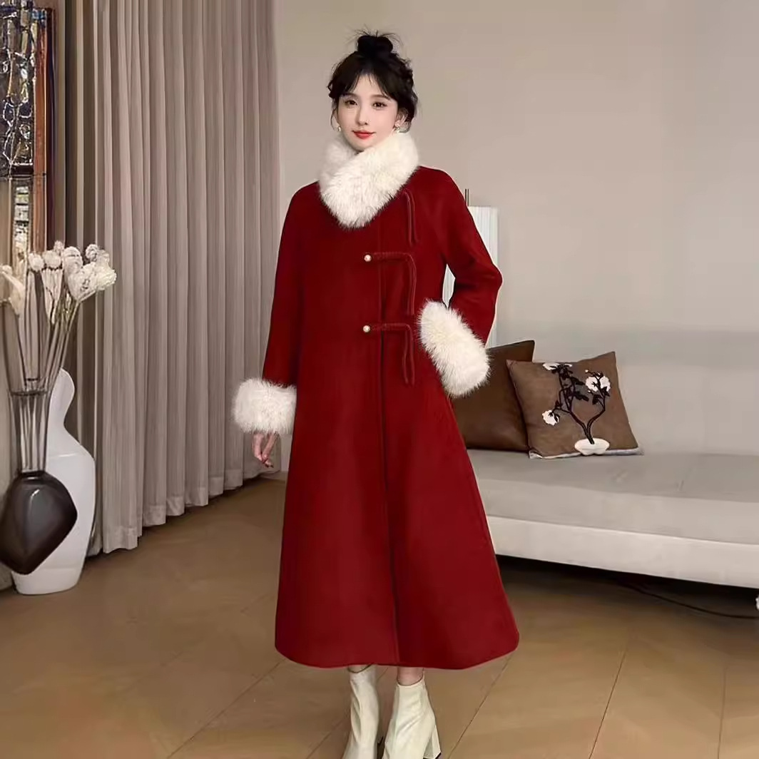 圣诞新年战袍红色新中式呢子大衣女冬季超好看中长款夹棉毛呢外套