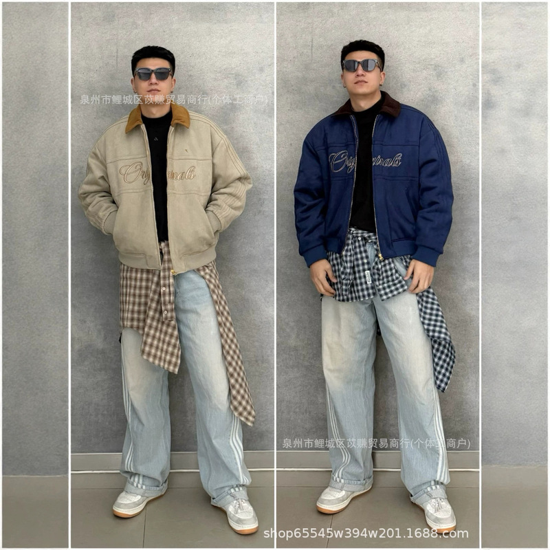 Trendy brand cross-border vintage motorcycle stand-collar washed denim jacket for men, street hip-hop workwear distressed outerwear Trendy brand cross-border vintage motorcycle stand-collar washed denim jacket for men, street hip-hop workwear distressed outerwear